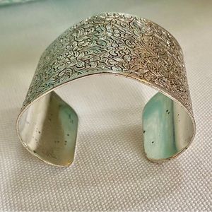 Large Cuff Bracelet Marked Jeray Floral Scroll Silver Tone VTG 2” Chunky